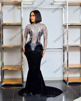 2021 Dubai Crni Baršun Luksuzno večernja haljina Sirena zrna s kristalima i dijamantima Haljine za Rođendan Nigerija Vestidos De Gala