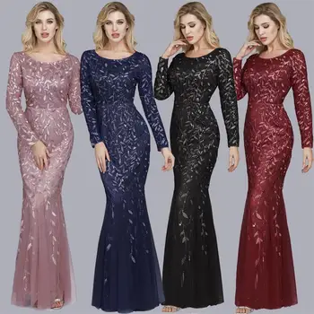 2021 JINZUO Plus Size večernje haljine Sirena s okruglog izreza i dugim rukavima čipka aplicirano vestidos elegantes večernja haljina duga