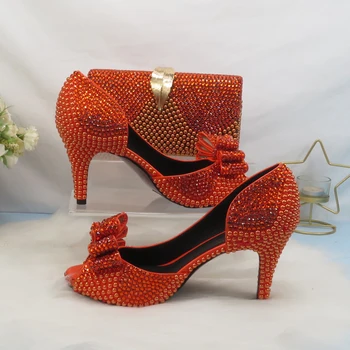 2021 Novi dolazak Narančasta kristalno ženske cipele vjenčanje s odgovarajućim torbama, cipele, čamaca s otvorenim vrhom, trendy cipele s otvorenim vrhom i torbu