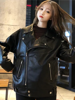 2021 Proljeće i Jesen Novi Korejski Stil PU Ženska kožna jakna Moda Za odmor Besplatne Univerzalne dugi rukav munje Kratka odjeća