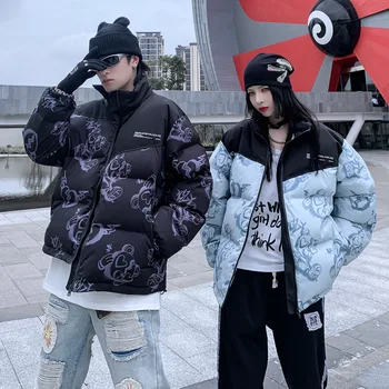 2021 Zimska jakna-park u stilu hip-hop Muška uličnu odjeću u stilu patchwork sa smiješnim medvjedom Jakna s po cijeloj površini Harajuku Pamučno kaput na obloge, Topla odjeća