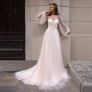 2021 Šarmantan vjenčanje haljina boje Šampanjca s dugim rukavima, Prividnu reza, Pojas s lukom, vjenčanice, Biseri, vjenčanice, Bistra spin