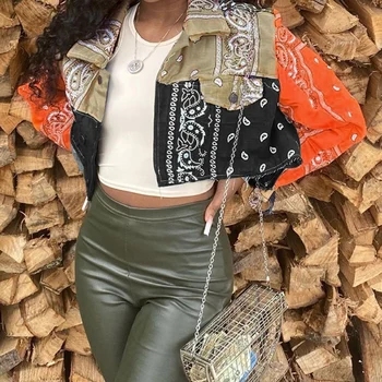 2021 Ženska Nova kratka jakna Casual Moda Prigradskim Trend Stil s dugim rukavima Rever Cvet Kasu Print Kontrast rever Top