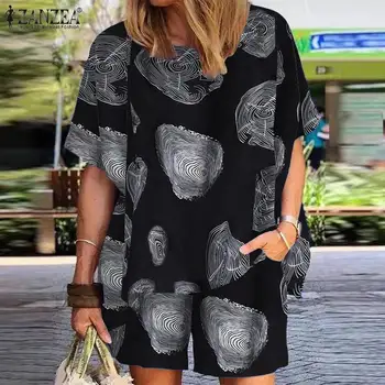 2021 Ženske setove Letnja Berba odijela s cvjetnim ispis ZANZEA Svakodnevni bluzu kratkih rukava Odgovarajuće setove Besplatne kratke setove Prevelike
