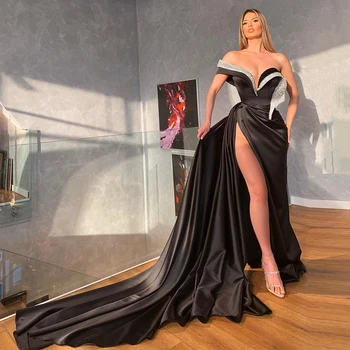 2022 Crna večernja haljina s otvorenim ramenima Izvlačenja Kamenje Sirena Večernje haljine za maturalne s visokim prorezom Večernja haljina slavne osobe za žene