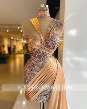 2022 Seksualno svijetlu kratku haljinu s visokim vratom za prom s kristalima beaded Haljina Sirena Afrički večernja haljina za zabave Vestidos De Noche