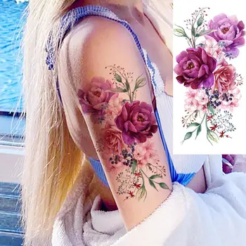 3D Akvarel Ruža Cvijet Božur Privremene Tetovaže Za žene Odraslog Ptice Realno Lažna Tetovaža Seksi Pola Rukav Tetovaža Naljepnica