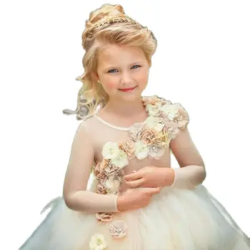 3D Cvijeće Bujne haljine za djevojčice-цветочниц s dugim rukavima Haljina za rođendan s iluzijom Elegantna vjenčanica za djevojčice 2020