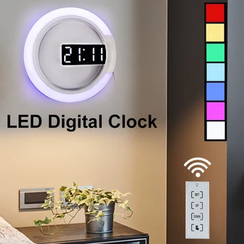 3D Zidne Lampe Sat Šarene Termometar Daljinski Upravljač LED Ogledalo Šuplji Zidni Satovi Prsten Svjetlo Termometar Digitalni Alarm sat