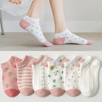 5 Parova Pakiranje Sportske Svakodnevne Pamučne ženske čarape Crtani Slatka Voćna Mačka Čarape s po cijeloj površini Japanski modni slova Srce Кавайные čarape