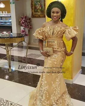 Aso Ebi Afrički čipkan večernja haljina Sirena s otvorenim ramenima u nigerijskom stil Haljina za prom Plus Size Sjajne šljokice Zlatno večernja haljina