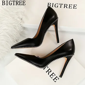 Bigtree Kožne ženske cipele na visoku petu 2021 Cipele-brodu Luksuzni brand Obuće Za žene crne cipele na visoku petu Kandže cipele Vjenčanje nevjesta