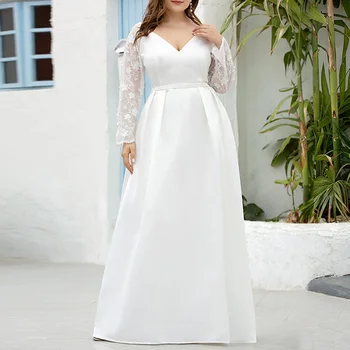 Bijele vjenčanice trapeznog oblika DR1572 s dubokim V-izrez Večernje vjenčanje haljine dugih rukava Vestidos De Novia Plus Size Čipkan vjenčanica