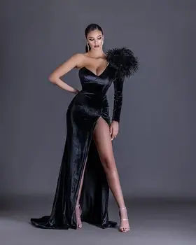 Crni baršun Sirena Večernje haljine do 2022 godine, Seksi haljina na jedno rame s dugim rukavima Haljina za prom s prorezom sa strane Večernja odjeća za stranke Robe de Soiree