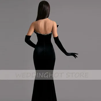 Crni velur večernje haljine 2021 Luksuzni seksi ball haljina s V-izrez, ukrašene perlicama, Elegantne večernje haljine bez naramenica s otvorenim leđima, večernje haljine de soirée