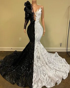 Crno-bijela Sirena 2020 Haljina za prom Čipkan večernja haljina sa šljokicama Afrički na jedno rame s Večernja haljina dugih rukava