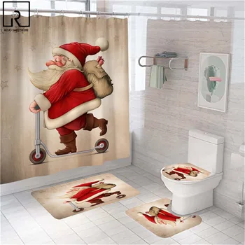 Crvena Božićni Santa Zavjesa Za kupaonicu Poliester Tkanina 3D Festival Zavjesa za kadu Vodootporan Home Tepih Tepisi Set pribora za kupaonice