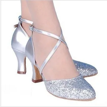 Dance cipele Koovan 2021 Novi modni ples obuća Ženska cipele na visoku petu Srebrno-zlatni Gume peta od prave kože 3,5 5,5 6,5 cm