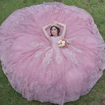 Elegantne roza bujne haljine s aplikacija zrna Slatko haljina 16 s transparentnim cutaway Meksički haljine 15 xv años