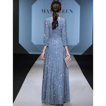 FD283 Plavo duga večernja haljina Elegantna Haljina De Soiree munje Ženski večer haljine Plus Size V-oblika izrez sa šljokicama Večernje haljine