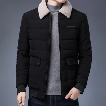 Gospodo tople jakne 2021 Zima pamučna podstava od ovčje vune s odbačenost ovratnik Ravnici jakne Hombre Muška odjeća Vintage ветровка