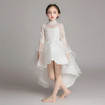 Haljina za djevojčice s visokim ovratnikom i cvjetnim uzorkom B049, bijele baby večernje haljine s dugim rukavima, kratke sprijeda, duge straga, Svadba haljina za djevojčice, djeca