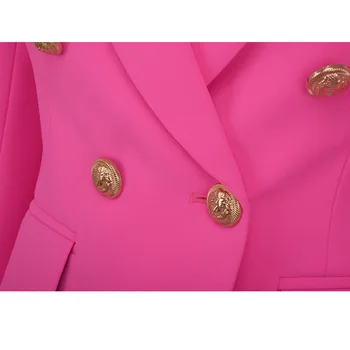 HarlyFashion Europska Dizajner Elegantan Sjajan Svijetle Boje Ženski Modni blazer s metalnim gumbima Roze uske kvalitetne blazers