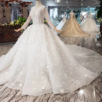 HTL256 teške vjenčanje haljina je ručni rad iluzija o-izrez s dugim rukavima od tila 3D cvijeće korzet vjenčanicu s vlakom 2020 moda