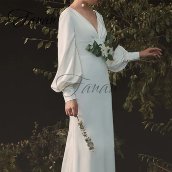 Jednostavna vjenčanje haljina Sirena s V-izrez i otvorenim leđima s dugim rukavima od satena, duga do poda vjenčanicu vestido de noiva robe de mariée