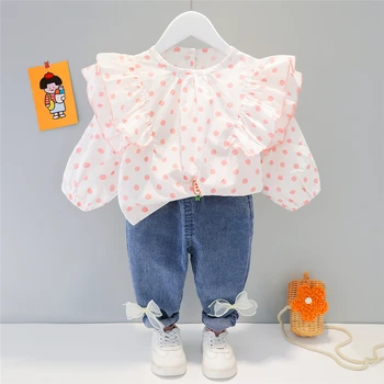 Kompleti odjeće za djevojčice Proljetne bebe čipke s po cijeloj površini u grašak Majice s dugim rukavima Jeans Udoban, moderno dječje casual odjeća za odmor