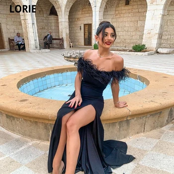 Laurie Večernje haljine bez naramenica Ogrtač od perja s visokim prorezom na nogama Duge black satin arapski haljina za prom vjenčanicu 2021