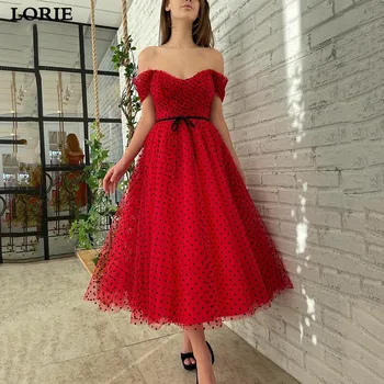 Lori je Crvena s ramena Točka Tila Kratku vjenčanicu Trapeznog oblika Slatka Elegantan Zona s lukom Čaj Duljina Djeveruša Haljina Večernja haljina