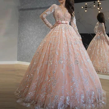 Luksuzni ružičastim šljokicama Čipkan loptu haljina Večernja haljina Gradacija Ženske haljine Večernje haljine s dugim rukavima Sjajna Elegantan haljinu De Soiree