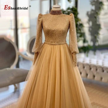 Luksuzno muslimansko zlatno večernja haljina s beaded za žene 2021 Alina s visokim izreza i zelenim rukavima Duge večernje haljine za vjenčanje