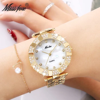 MISSFOX satovi Luksuzni brand Modne Svakodnevne satovi Ženski kvarc dijamant Женевские ženski ručni sat sa браслетом za žene