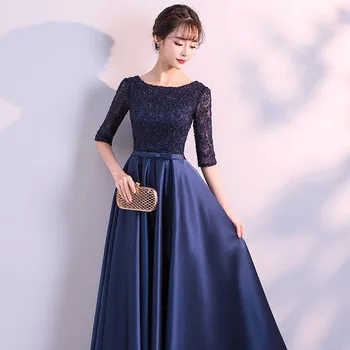 Novi 2019 Duge večernje haljine Elegantne čipke, satena i tamno plave haljine za žene Večernja haljina