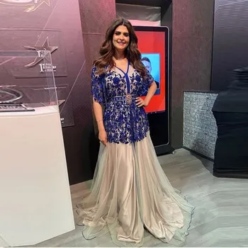 Novi dolazak Čipke Marokanski Kaftan haljine kratkih Rukava Kraljevski Plava Aplicirano Linija Plus Size Haljina za posebne prigode
