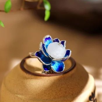 Novi originalni nakit ručne izrade ženska atmosfera преувеличенная Хетиан халцедон emajl porculan plavi lotos otvoreni prsten