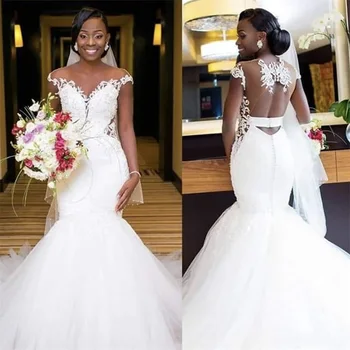 NUOXIFANG 2020 Nove Afričke aplicirano Sirena Jednostavna Vjenčanica Seksi Svadba Haljina s Otvorenim Leđima Vestido De Novia