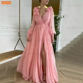 Pink Chiffon Prom Dresses Long Puff Sleeves 2021 Robe De Bal Femme Longue A Line Extreme Party Gown Customized Haljinu Za Maturalnu