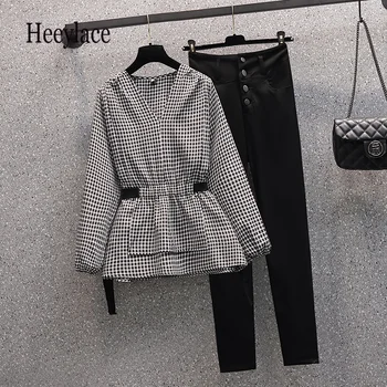 Plus Size Jesen Uredski ženski komplet od dva predmeta Korejski Svakodnevni pokrivač bluzu dugih rukava i crne duge hlače Setovi 4XL Ženska odjeća