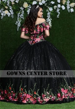 Princeza Cvijeće Crne Bujne vjenčanica Loptu haljina s aplikacija Slatko haljina 15 16 Diplomski haljina za prom Vestidos de xv años