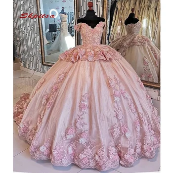 Ružičaste Čipke Bujne Plus Size Haljina Loptu haljina Maskenbal Princeza Djevojka Perle Cvijeće Duge Slatke 16 Maturalne Haljine na 15 Godina