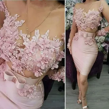 Ružičaste čipke i kratke haljine za maturalne 2020 Za žene Elegantna večernja haljina s dugim rukavima Iluzija Satin Seksi Ispušni college Vestido De Gala