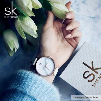 Shengke Top Brand Trendi ženski sat Kožne ženske kvarcni satovi Ženski tanke Svakodnevne sat s remenom Reloj Mujer Mramorni brojčanik SK