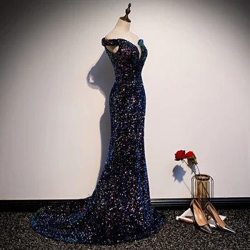 Sjajna plava večernja haljina s otvorenim ramenima 2021 Seksi Sirena s transparentnim vrat bez naslona Duga vjenčanica банкетное haljinu za prom Elegantno