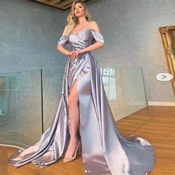 Skromna večernja haljina Sirena s otvorenim ramenima Dužine do poda s V-izrez s visoke bočne preklopite Атласное haljina za maturalne haljine za zabave