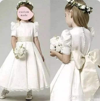 Slatka haljina za djevojčice-цветочниц za vjenčanja trapeznog oblika s kratkim rukavima, satiny luk, držači duge haljine za Prvu Pričest za djevojčice