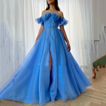 SoDigne A-Line Elegantnu plavu haljinu za prom s otvorenim ramenima bez rukava, seksi haljina od organza s naborima, Večernje haljine za zabave
