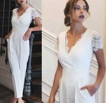 Svakodnevne tijelo za bijeg vjenčanicu za žene s bijelom čipkom aplikacija s V-izrez Брючные odijela s džepovima kratkih rukava